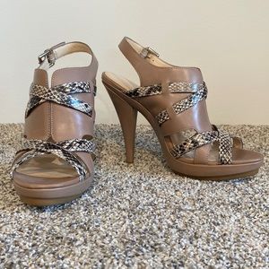 Calvin Klein high heels in taupe and multi snake skin.